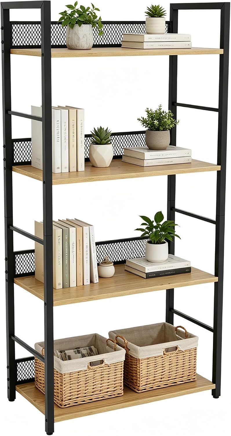4 Tier Bookshelf, Classic Tall Bookcase Storage Organizer for CDs Books