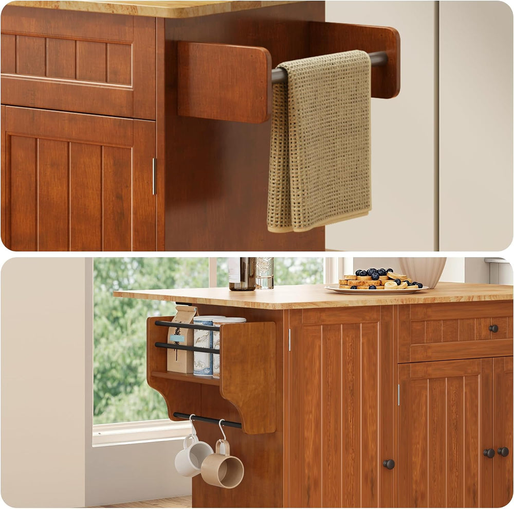 Ahomly Rolling Kitchen Island with Storage, Drop Leaf and Drawer, Brown