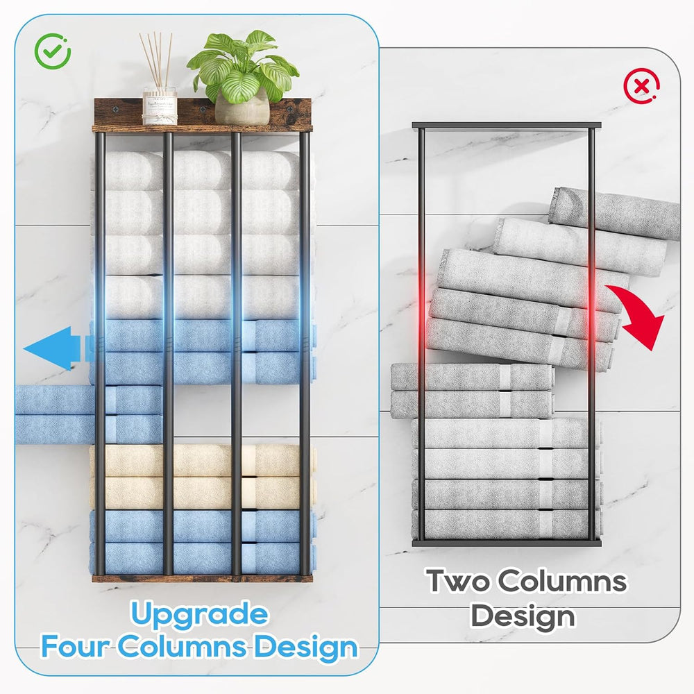 Wall Mounted 4-Bar Towel Rack with Wooden Shelf, Bathroom Storage Holder