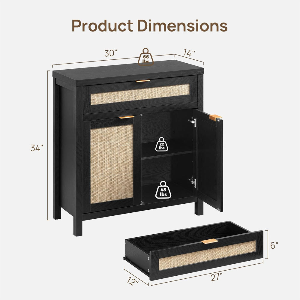 SICOTAS Sideboard Buffet Storage Cabinet, Rattan Accent Cabinet with Doors