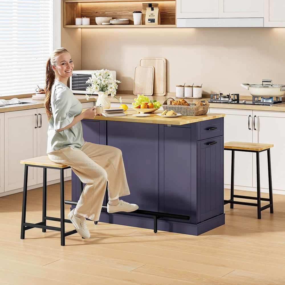 ONBRILL 47" Kitchen Island with Trash Can Storage, Include 2 Chairs, Blue