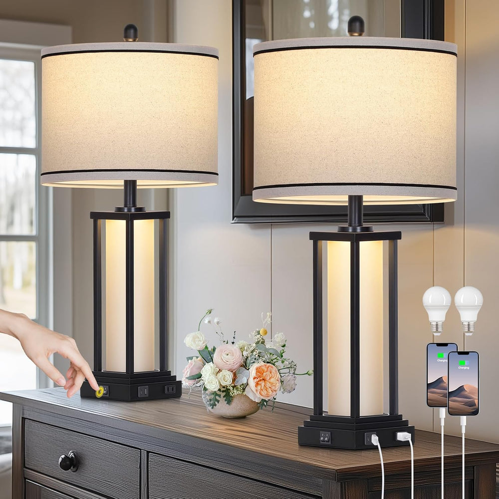 27" Tall Vintage Table Lamp Set of 2 with USB C+A & Outlet,Black Ind...