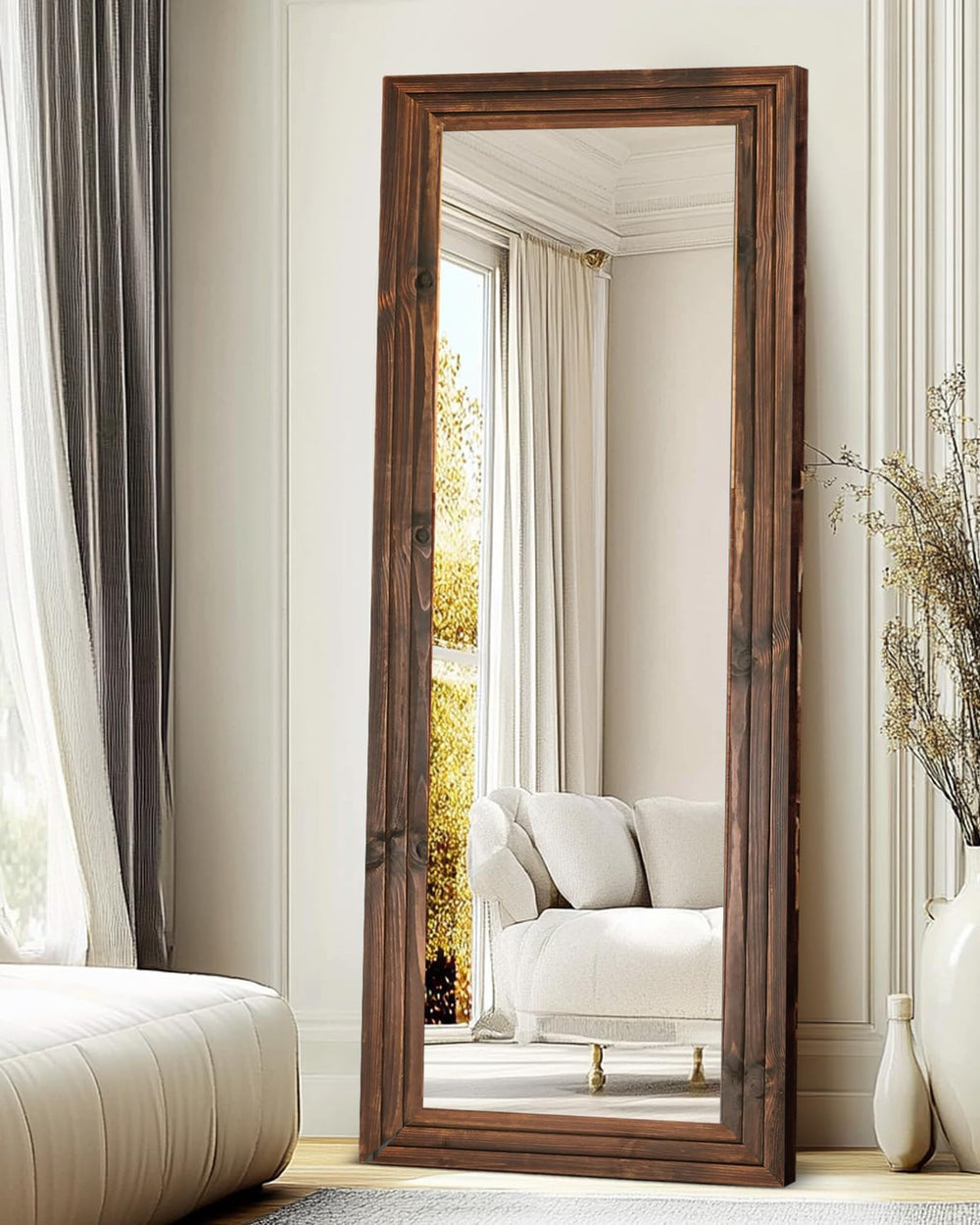 65x24in Full Length Mirror, 3-Tier Stepped Solid Wood Frame, Brown