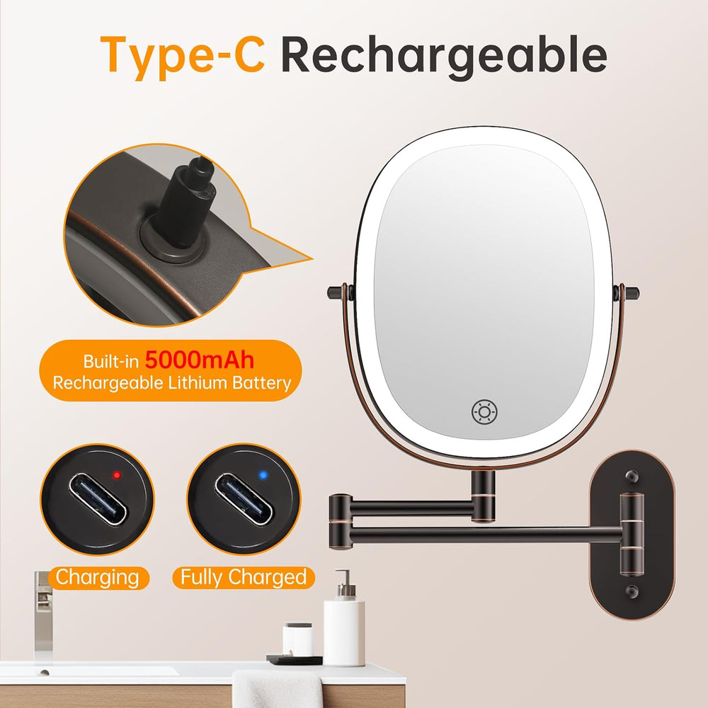FUNTOUCH 5000mAh Rechargeable Wall Mounted Lighted Makeup Mirror, Bronze