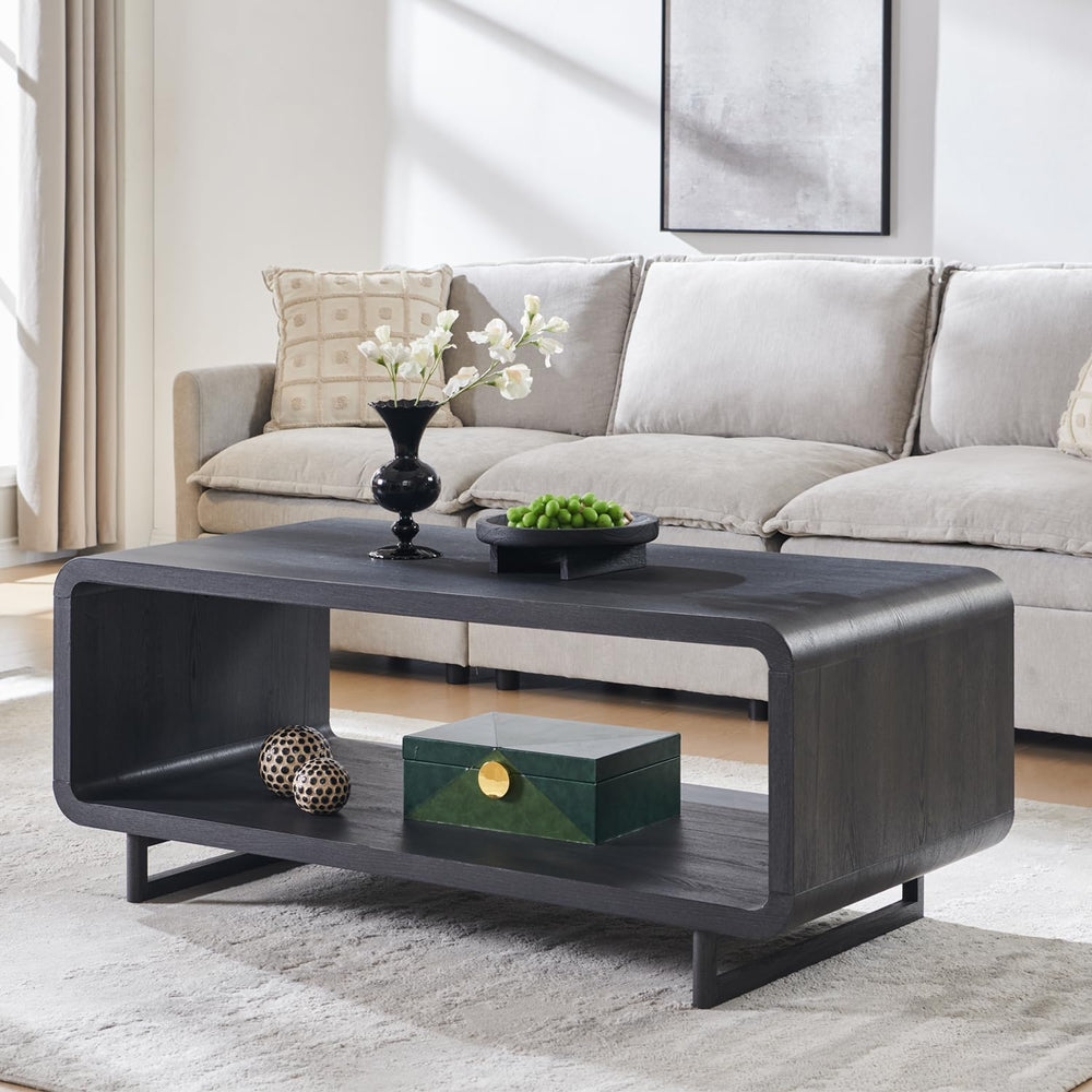 IFGET 48" Modern Coffee Table, 2-Tier Curved Center Table, Dark Grey