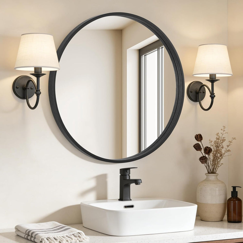 WallBeyond Black Round Mirror Wood Framed 28 inch Circle Wall Mirror for Bath...