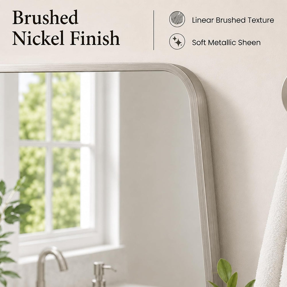 24x36 Inch Brushed Nickel Bathroom Vanity Mirror, Rounded Hexagon