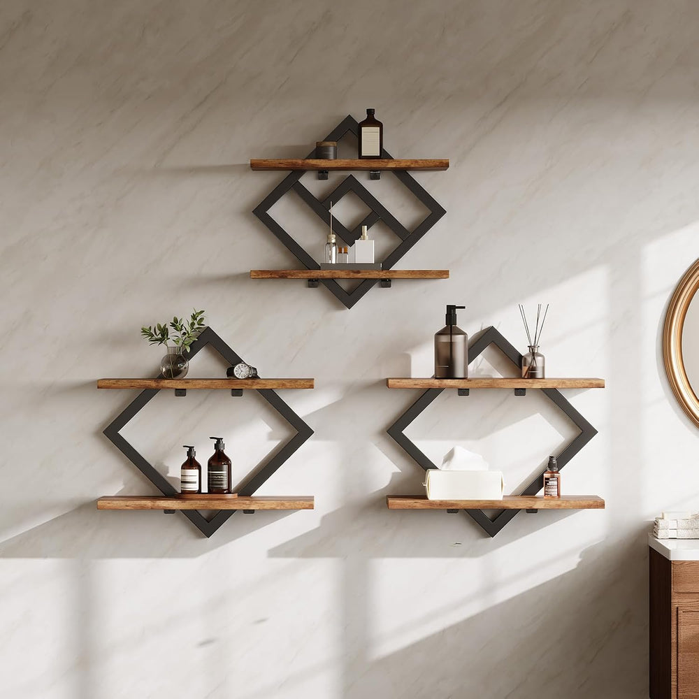 2-Tier Floating Shelves on Wall, 3-Piece Set, Wooden Wall Shelf, Brown