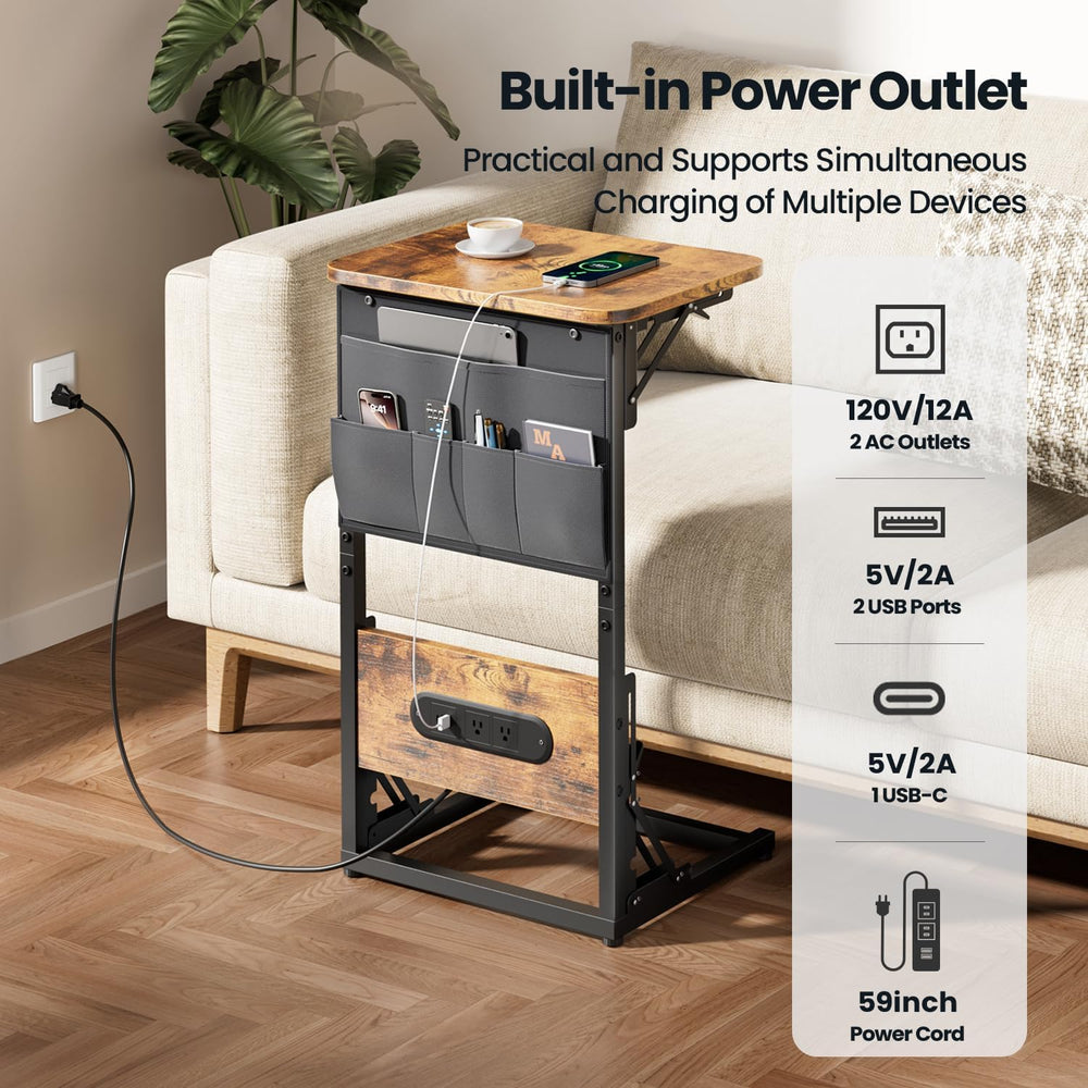 HLDIRECT C Shaped End Table with Charging Station & Storage Bag Brown