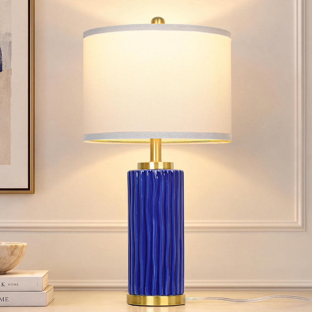 JUNNAI 25'' Navy Blue Ceramic Table Lamp, 3 Color Temperature Bulb In...