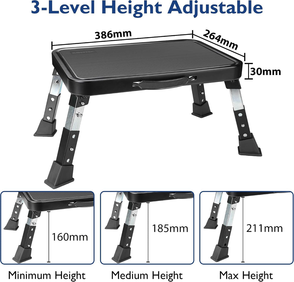 BONTEC Folding Step Stool, 3-Level Adjustable Metal Step Stool, 330lbs