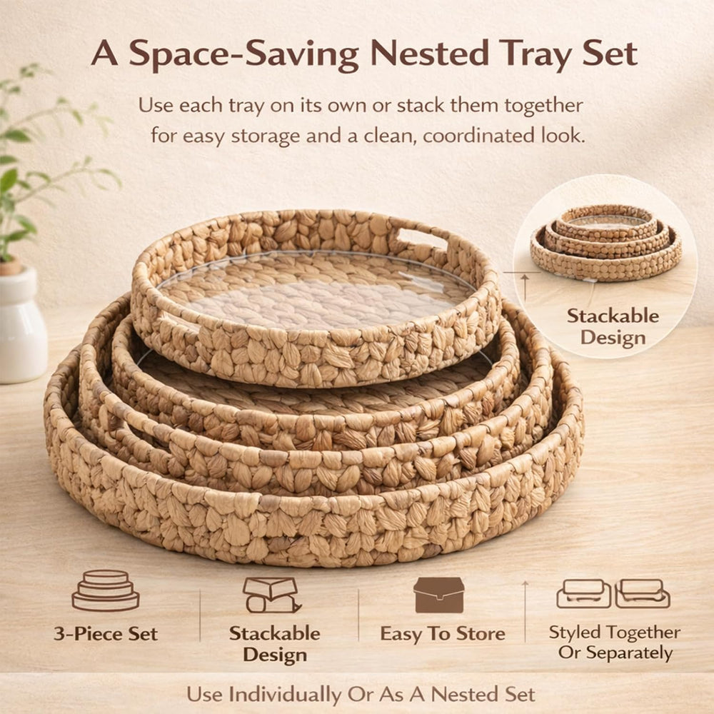 Round Woven Rattan Tray with Clear Acrylic Insert and Handles, Water Hyacinth...