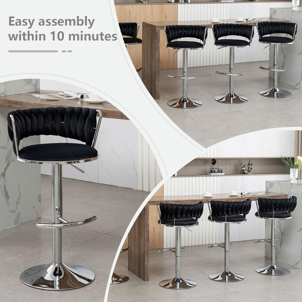 Canxkun Velvet Bar Stools Set of 4, Counter Height Bar Stools with Low Back, Modern Adjustable Height Barstools, Swivel Bar Chairs for Kitchen Island, Pub (Black)