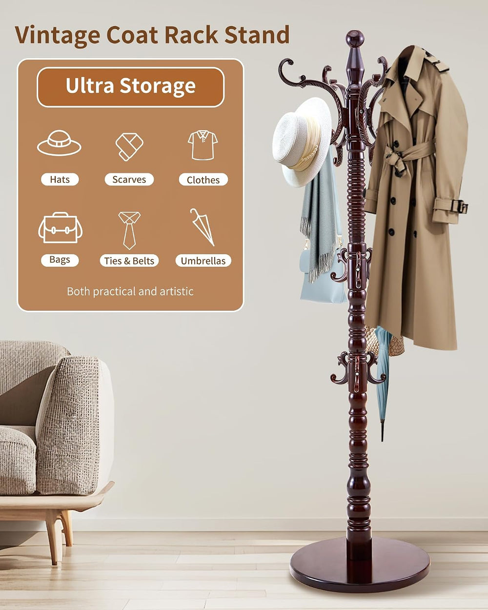 EZIVIEZ Coat Rack Vintage Solid Wood Coat Rack Freestanding with 14 Hooks