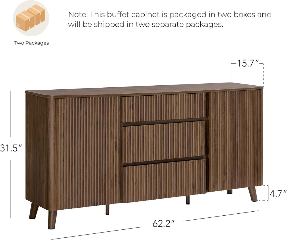 CHITA 62" Fluted Sideboard Buffet Cabinet with 3 Drawers, Walnut