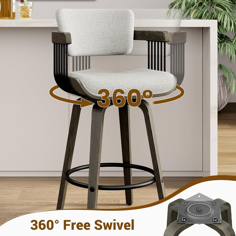 REONEY Mid Century Bar Stools Set of 3, Bentwood Frame, Light Gray Fabric