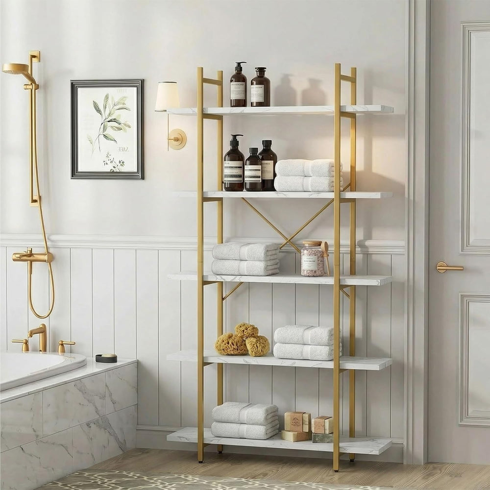 5 Tiers Bookshelf Organizer White Faux Marble Shelf,Modern Open Display Stora...