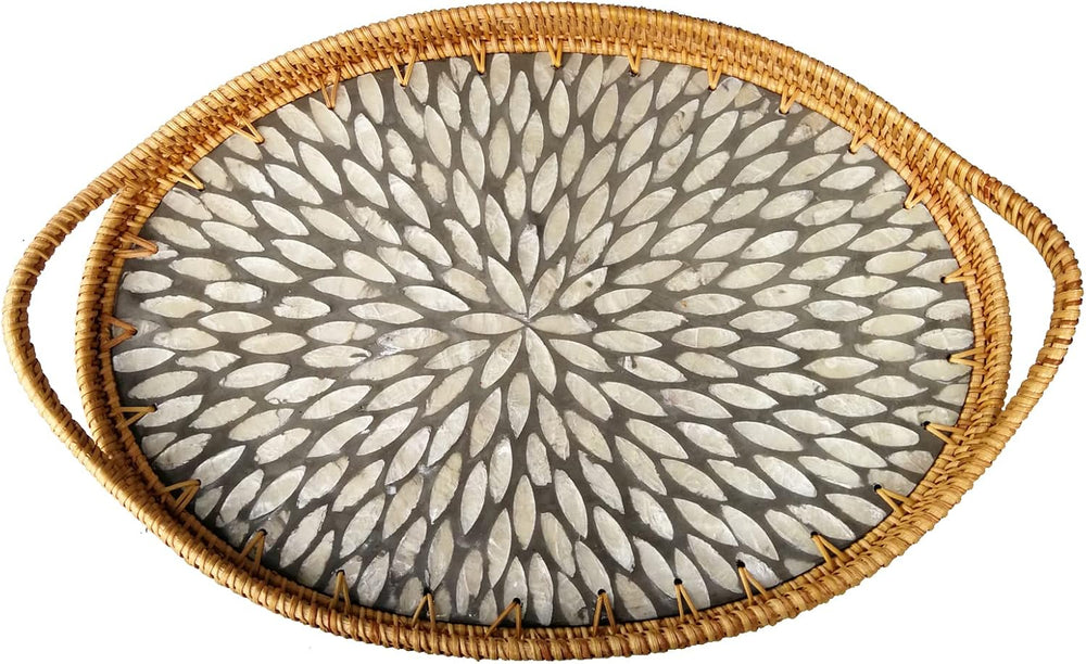 I-LAN 15 Inch Oval Rattan Woven Tray Basket with Beige MOP Wooden Base and Ha...