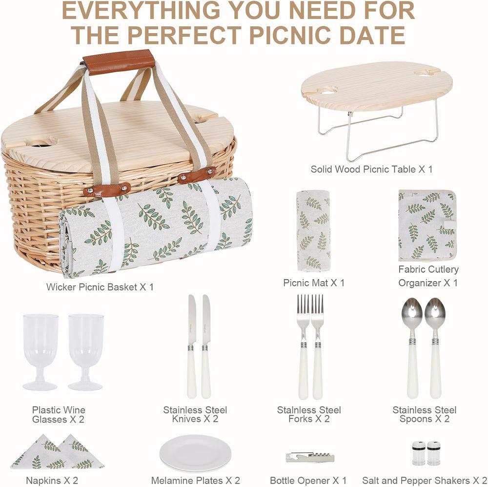 Picnic Basket Set for 2 - Wicker Insulated Picnic Basket