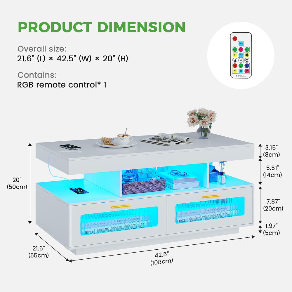 HNEBC LED Coffee Table with Wireless Charging Station for Living Room,White