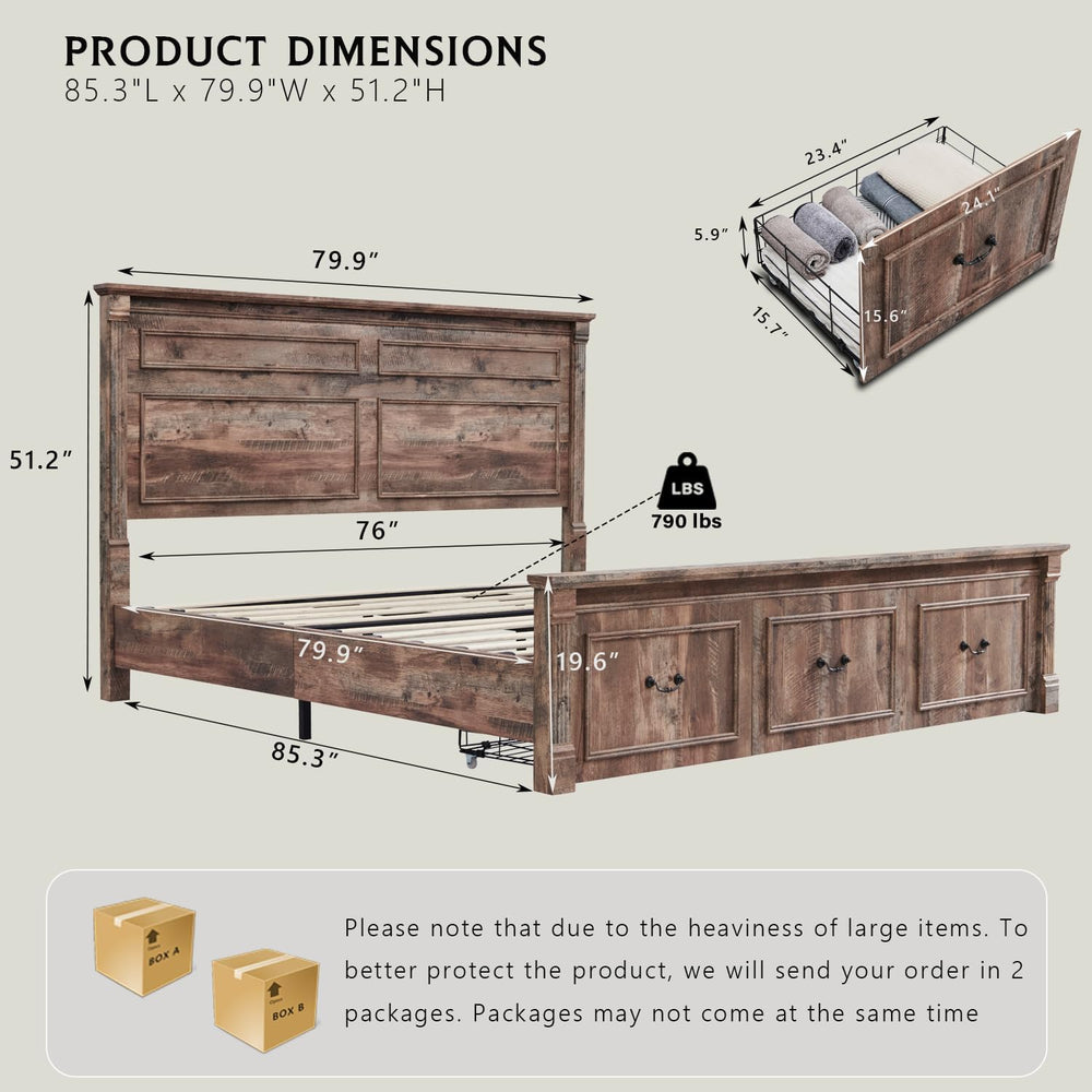 Aitjunz Farmhouse King Size Bed Frame w/51 Tall Headboard, Light Brown