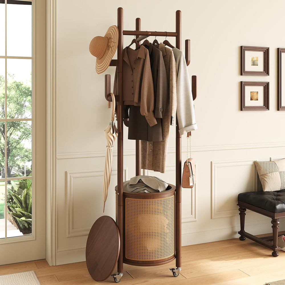 Yoobure Solid Wood Coat Rack - Rolling Clothes Rack with Rattan Basket