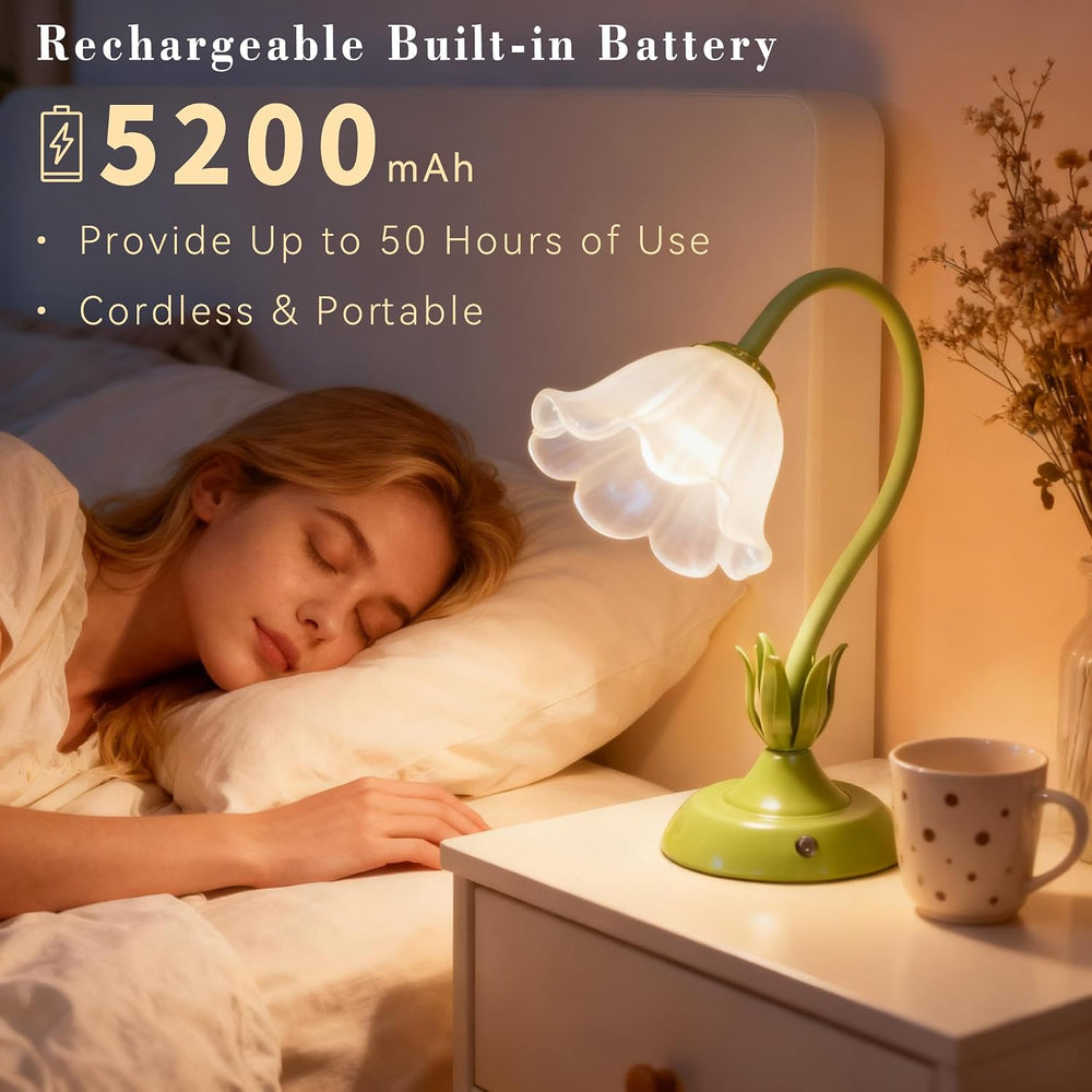 Cordless Flower Table Lamp Green, Valentine‘s Gift, 5200-mAh Rechargeable Tou...