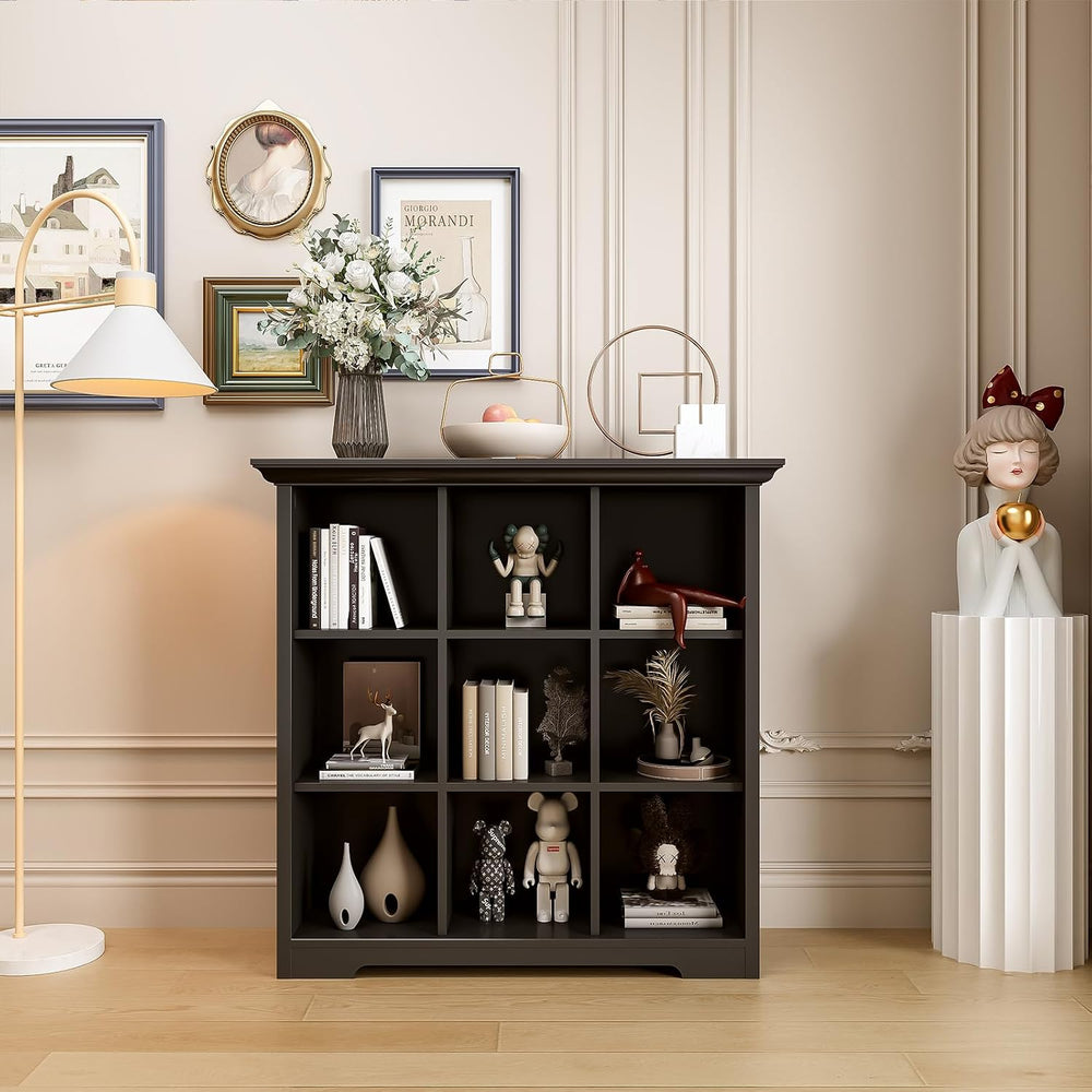 OSCHF 9-Cube Open Bookcase with Base, 3-Tier Wooden Bookshelf, Black