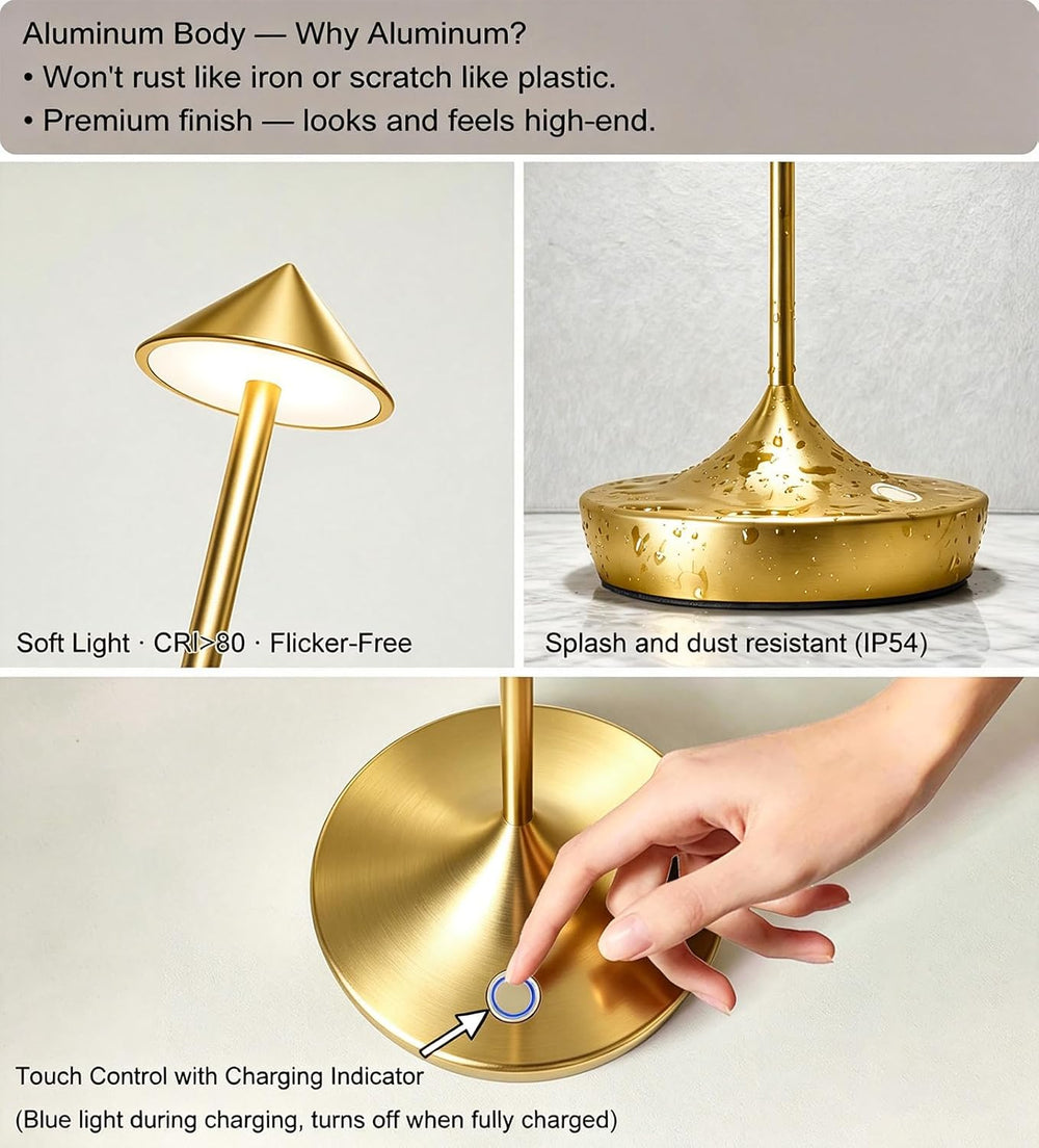 Cordless Rechargeable LED Table Lamp Set of 2, Gold