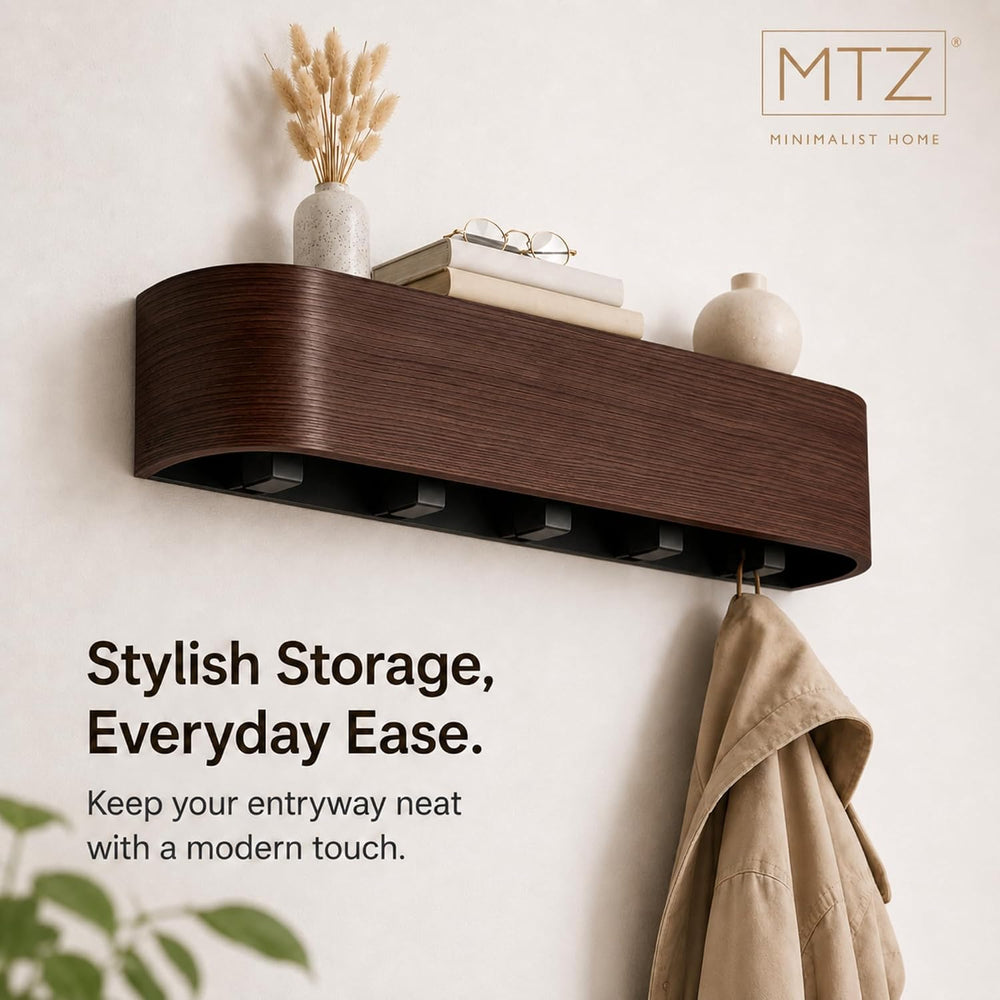 MTZ Solid Wood Wall Mounted Coat Rack with Shelf & 5 Hidden Hooks (Walnut)