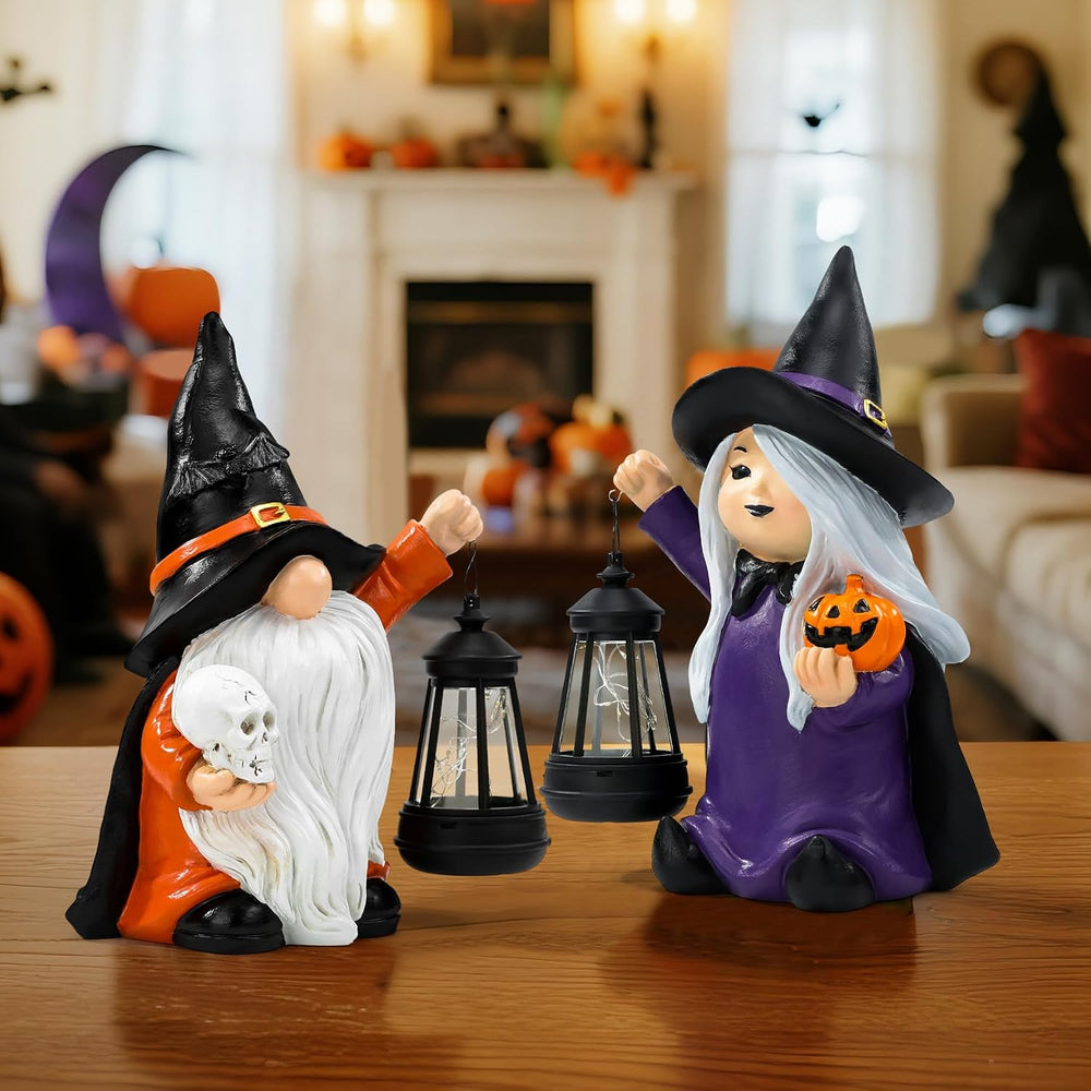 Halloween Witch Gnome Garden Statues with Pumpkin Solar Witch Gnome with LED ...