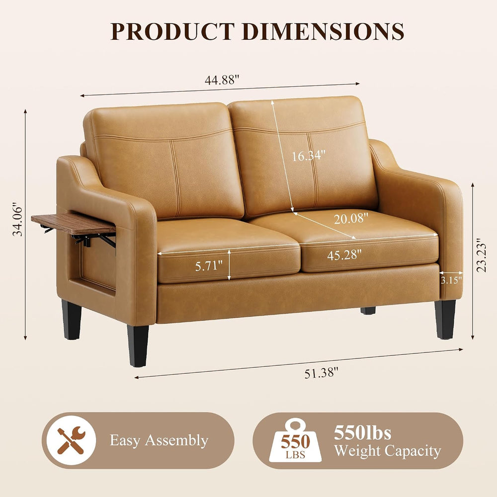 MALOL 51" Leather Accent Chair with Foldable Side Table, Brown