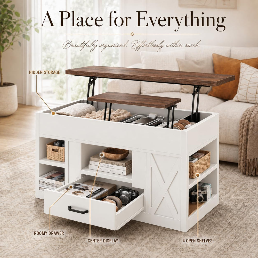 kepptory 40" Lift Top Coffee Table with Storage, Brown&White