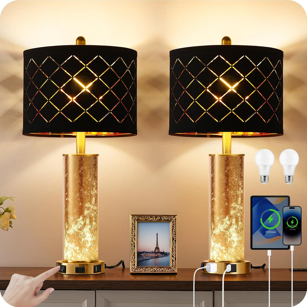 25.6" Black Table Lamps Set of 2, Tall Bedside Lamps with Nightlight, Mo...