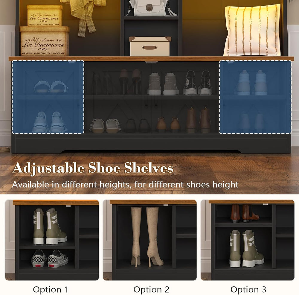 Black Hall Tree with Bench and Shoe Storage, Entryway Bench with Coat Racks