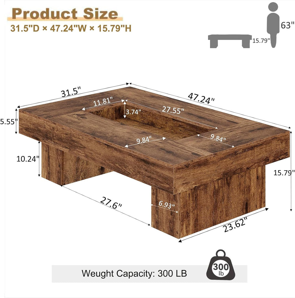 LVB 47"X31" Large Rectangle Wood Coffee Table for Living Room Rusti...
