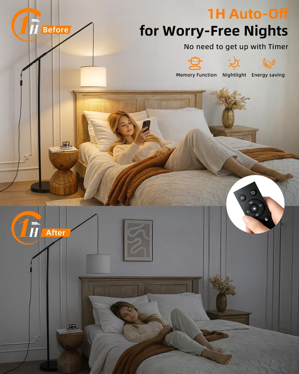 Arc Floor Lamp with Remote Control, LED Reading Light for Living Room