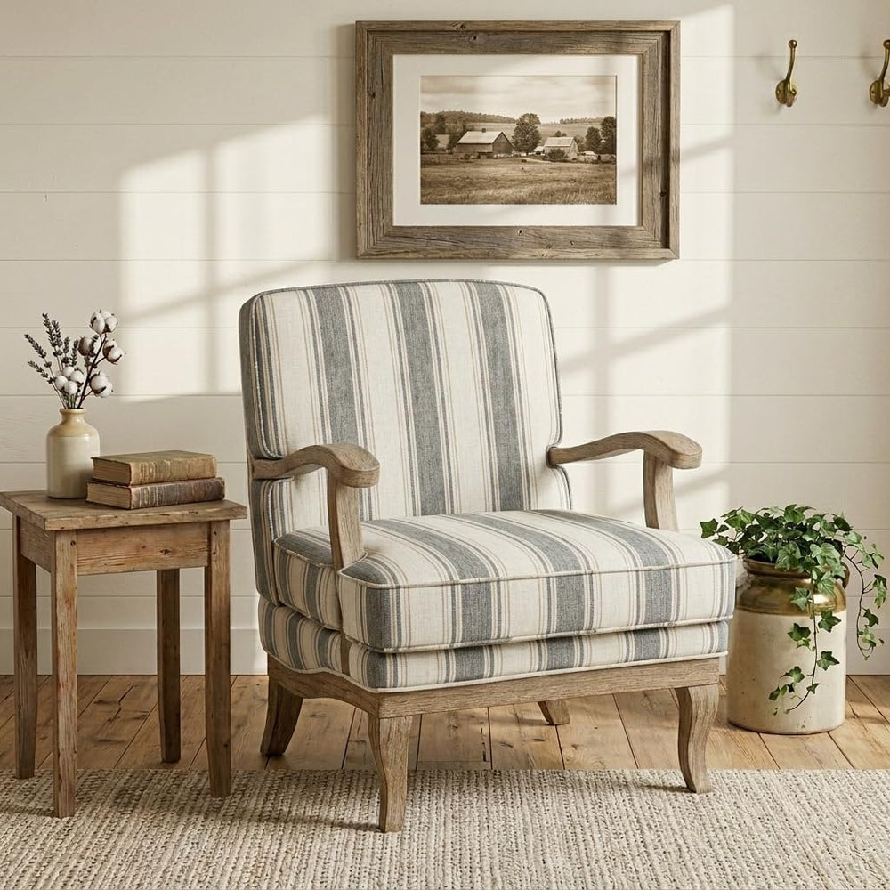 HULALA HOME Farmhouse Striped Accent Chair with Solid Wood Legs, Dark Grey
