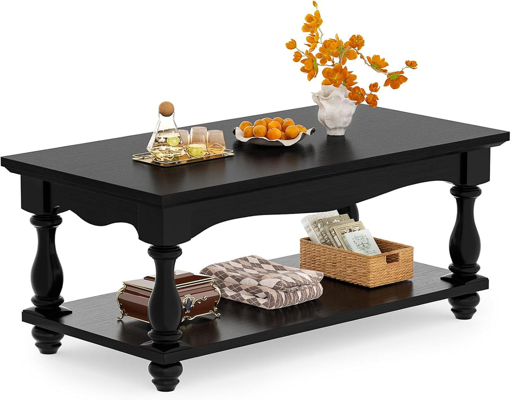 Besiost 47" Farmhouse Coffee Table with 2-Tier Storage, Black