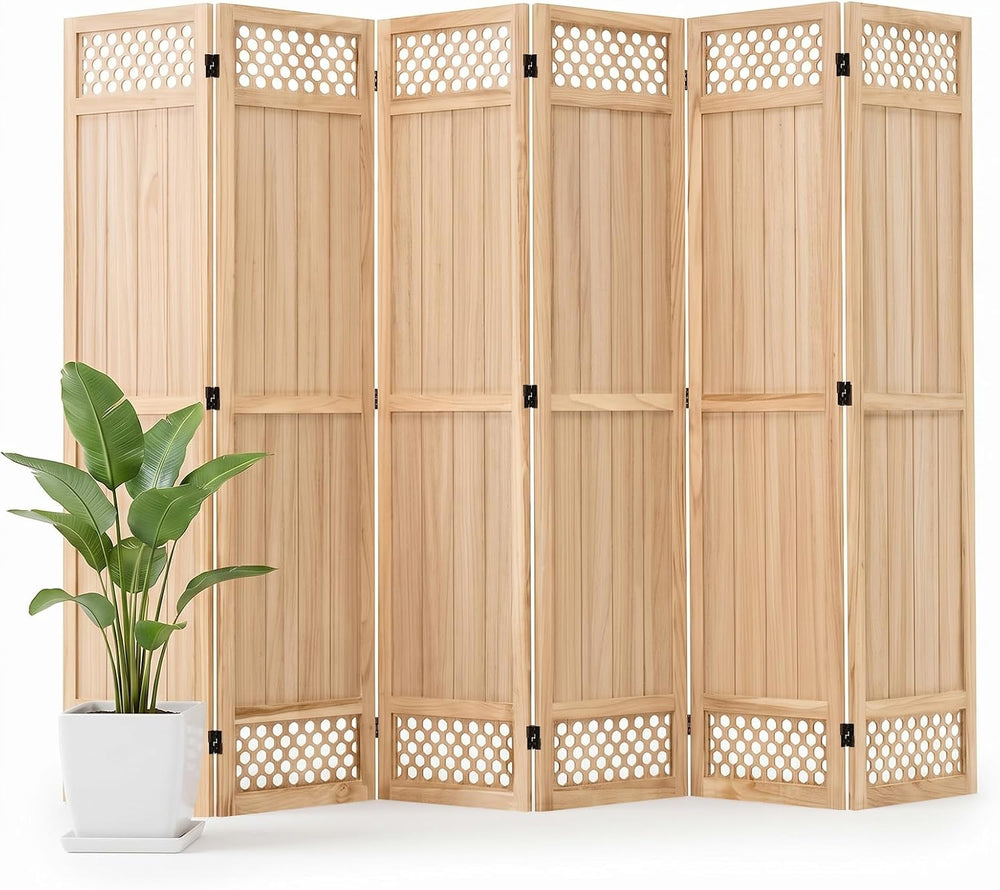 Wood Room Divider Privacy Screen, Natrual Carved Room Divider 6 Panel 67"