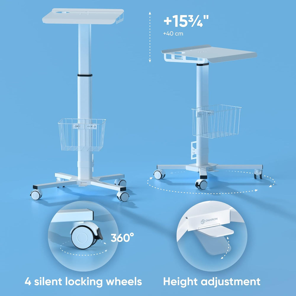 ONKRON Laptop Cart on Wheels, max 17.6 lbs, Portable Workstation, White