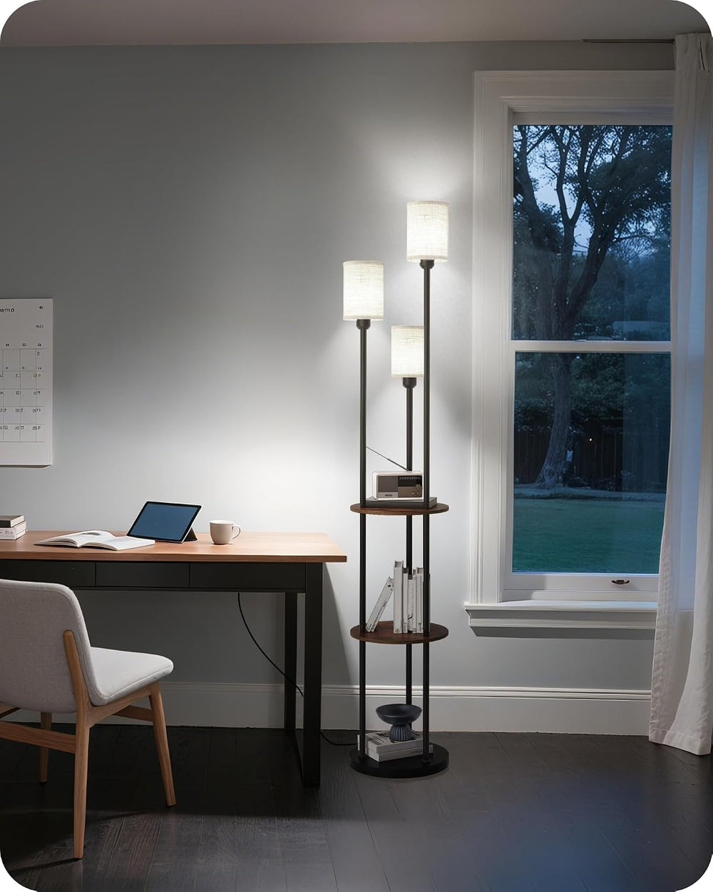 70.9" Floor Lamp with Shelves, Modern Floor Lamp with 3 Linen Shades and...