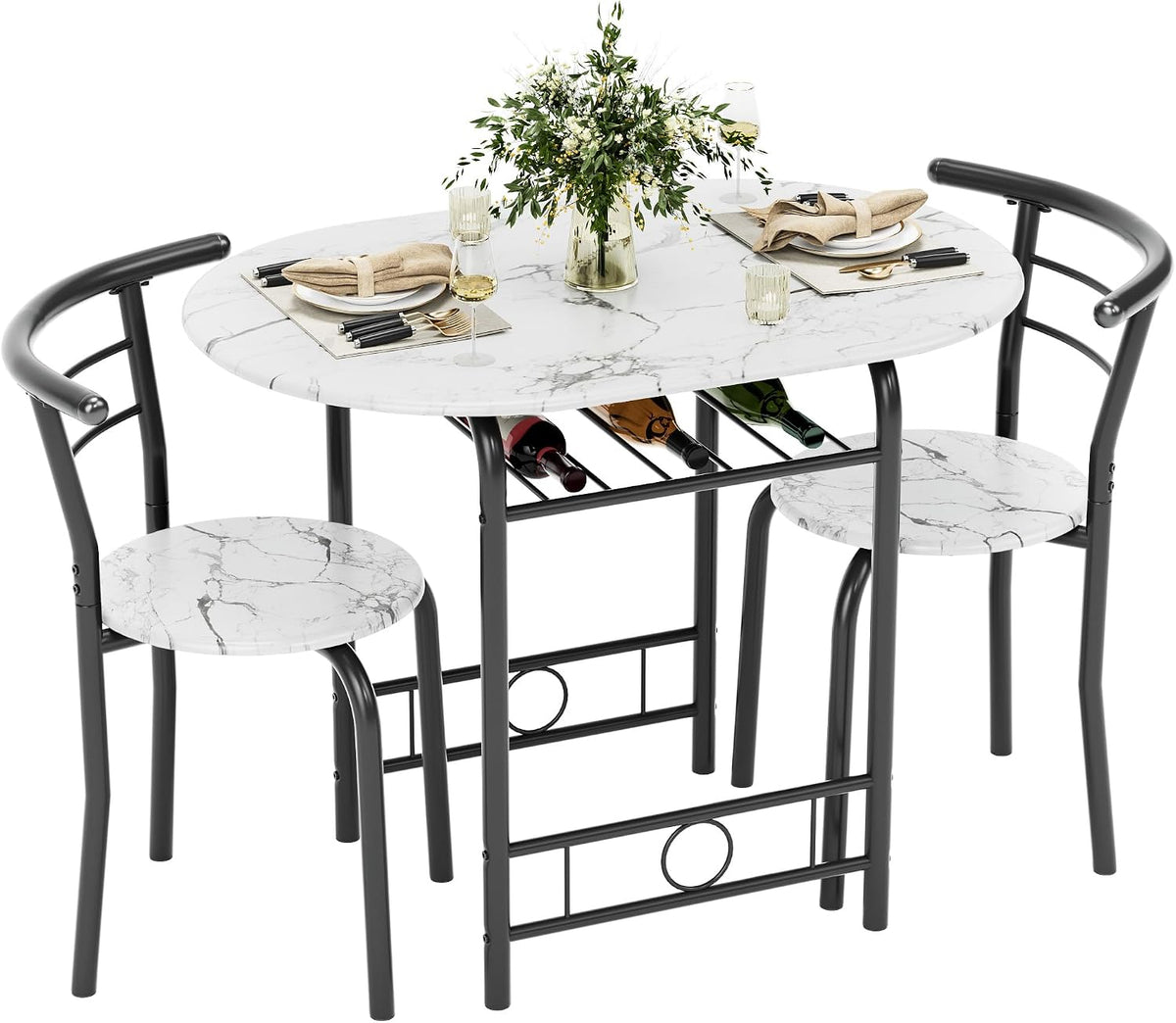 Flamaker Dining Table for 2, 3 Piece Round Table & Chair Set, White & Black | Small Kitchen Table for Breakfast Nook, Wood Grain Tabletop and Built-in Storage Rack, Space Saving for Kitchen, Dining Room