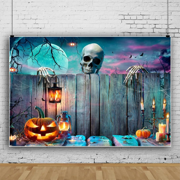 Renaiss 10x8ft Halloween Backdrop Skeleton Pumpkin Lantern Wooden Spooky Night Party Photography Background Ghost Wood Wall Halloween Party Decor Banner Horror Skull Halloween Photo Booth Props