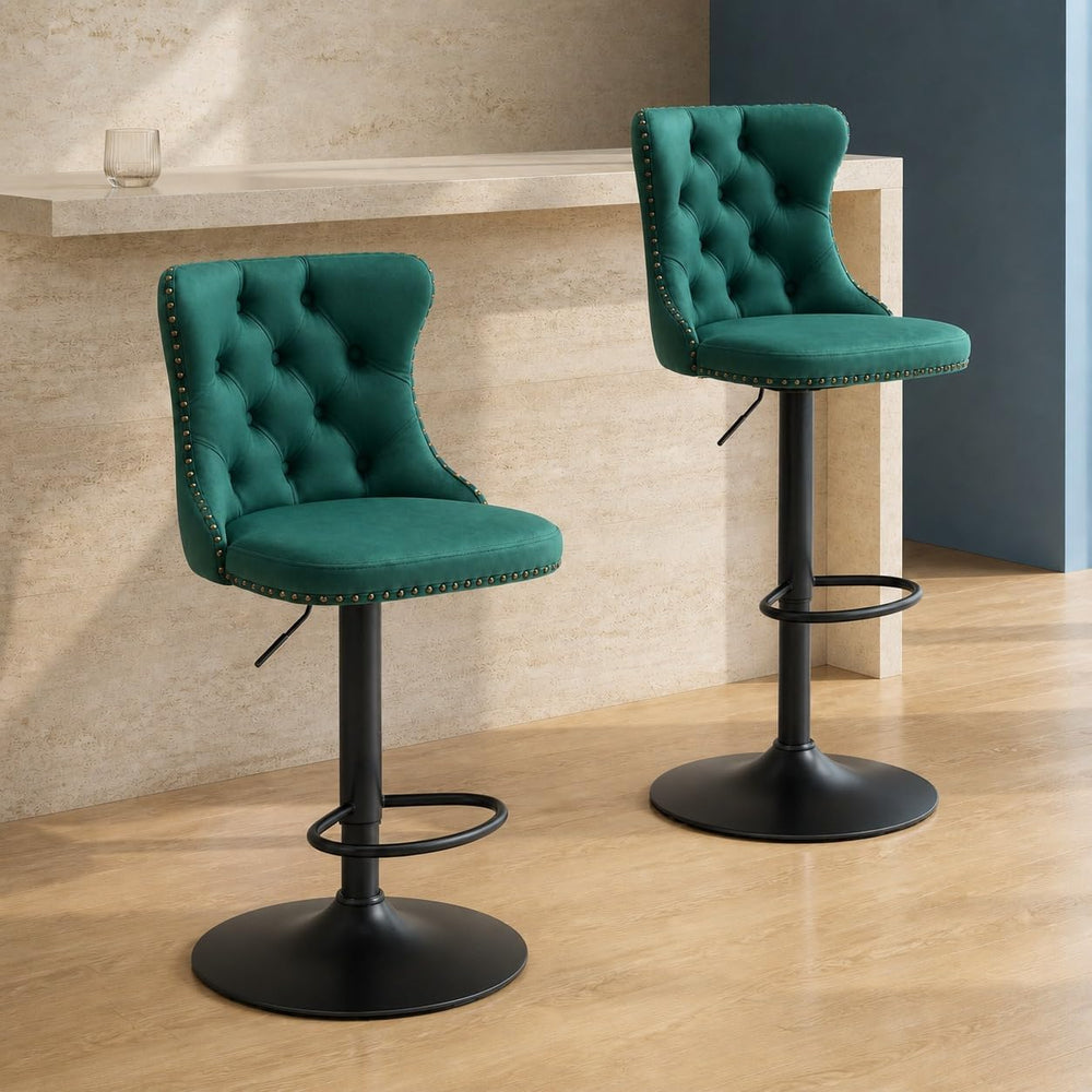 ODUSE-DAILY Green Velvet Bar Stools Set of 4 - Adjustable Swivel Counter Heig...