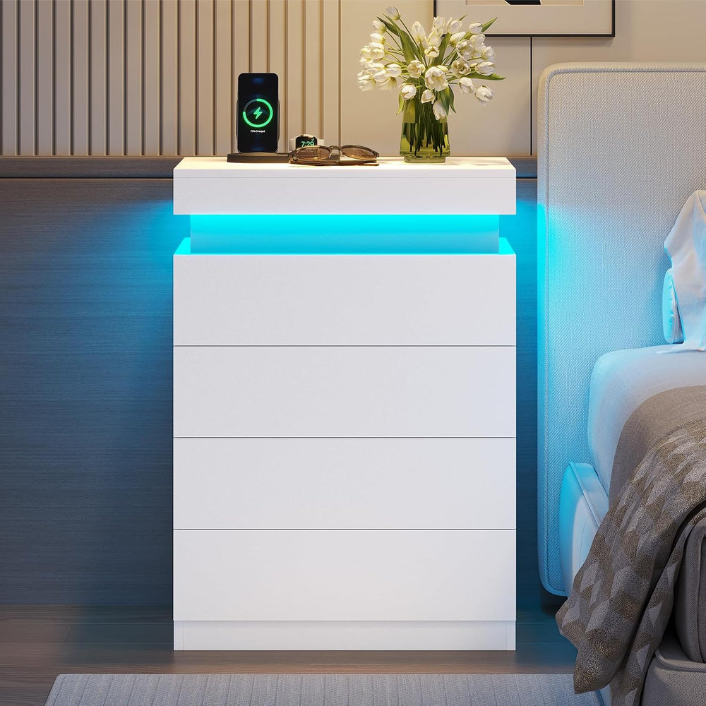 ADORNEVE White Nightstand with Drawers and LED Lights