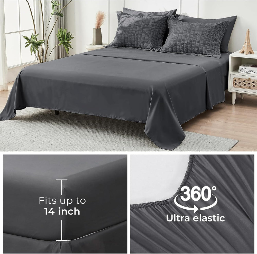 Full Comforter Set - 7PCS Bed in a Bag, Seersucker Bedding Set, Dark Grey