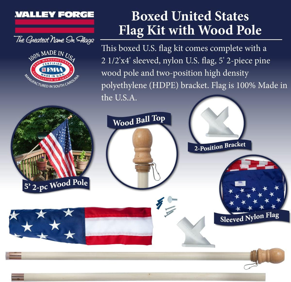 Valley Forge Flag Sleeved Perma-Nyl Nylon 2.5' x 4' ft Flag 5' ft...