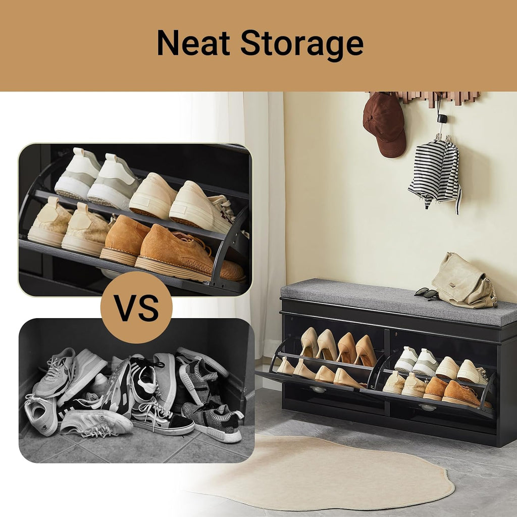 haotian black storage shoe bench with two flip, package contents
