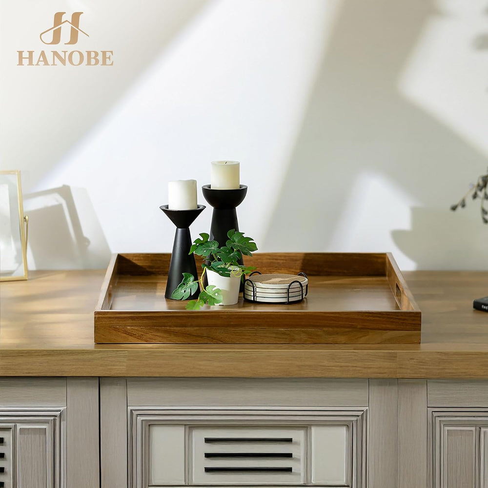 Hanobe 20" Large Acacia Wood Ottoman Tray with Handle for Coffee Table